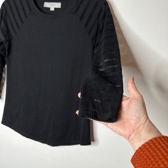 Ann Taylor Loft Black 3/4 Sleeves Cut-Out Triangle Stripe Round Neck Shirt XXP - Picture 5 of 10